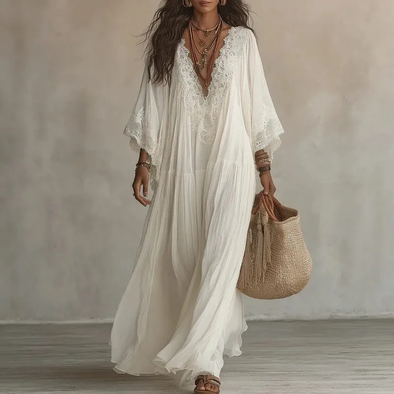 Summer Elegant Solid Dresses Womens Casual Lace Trim V Neck Flowy Maxi Dress Beach Holiday Party Maxi Dresses Robe Vestidos — image 2