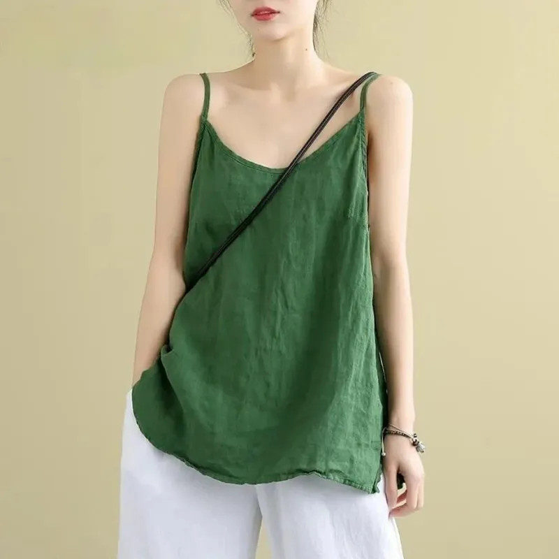 Top básico de algodão com alça espaguete, decote em V, sem mangas, regata solta, respirável, camis, roupa de verão — image 4
