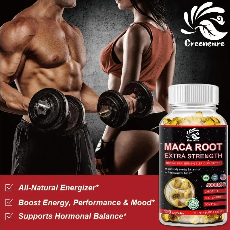 Cápsulas em pó de raiz de maca orgânica Greensure 4000 mg com suplemento de extrato de raiz de maca para homens e mulheres