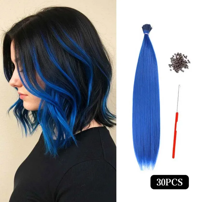 30pcs Colored Hair Extension 16-Inch I-Tip Synthetic Extensions. This long-style kit for women includes beads and a crochet tool