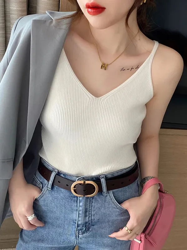 Coreia do verão topos novo sólido com decote em v elástico de malha suspender camis tanques roupas básicas camisa feminina