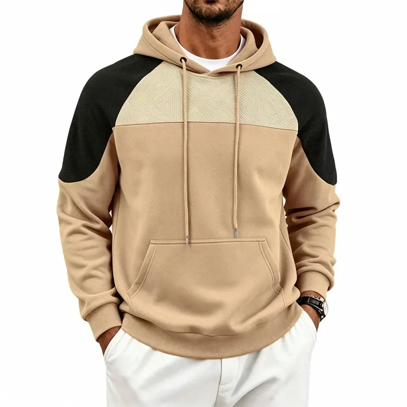 Autumn Winter Men Color Block Raglan Hoodie Textured Chest Panel Drawstring Kangaroo Pocket Loose Casual Streetwear Sweatshirt