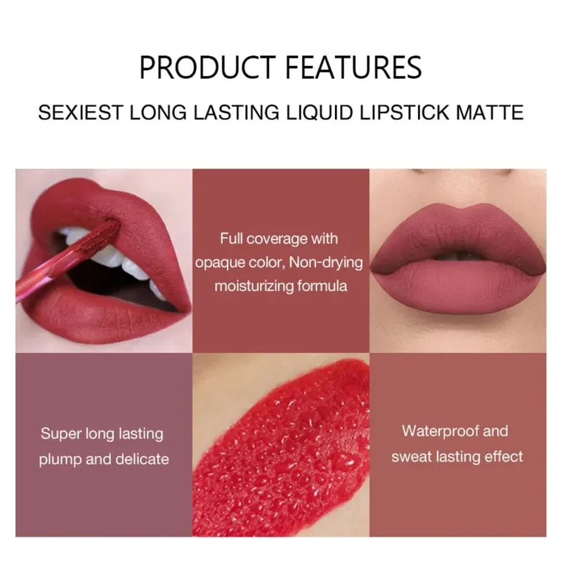 6 pçs/set Lip Gloss Longa Duração À Prova D 'Água Matte Lip Tint Copo Antiaderente Batom Líquido Caixa de Presente Cosméticos Maquiagem