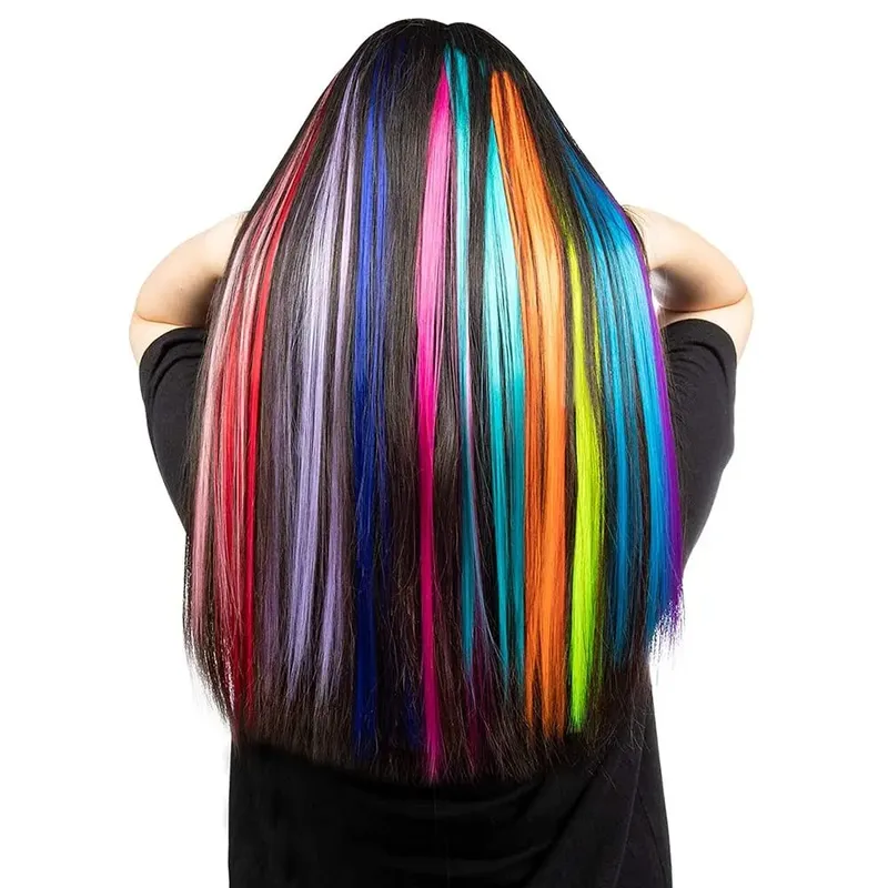 Kit de extensões de cabelo sintético arco-íris de 20 polegadas, 10 peças, extensões i-tip coloridas com micro contas, agulha de gancho para mulheres, crianças, cosplay