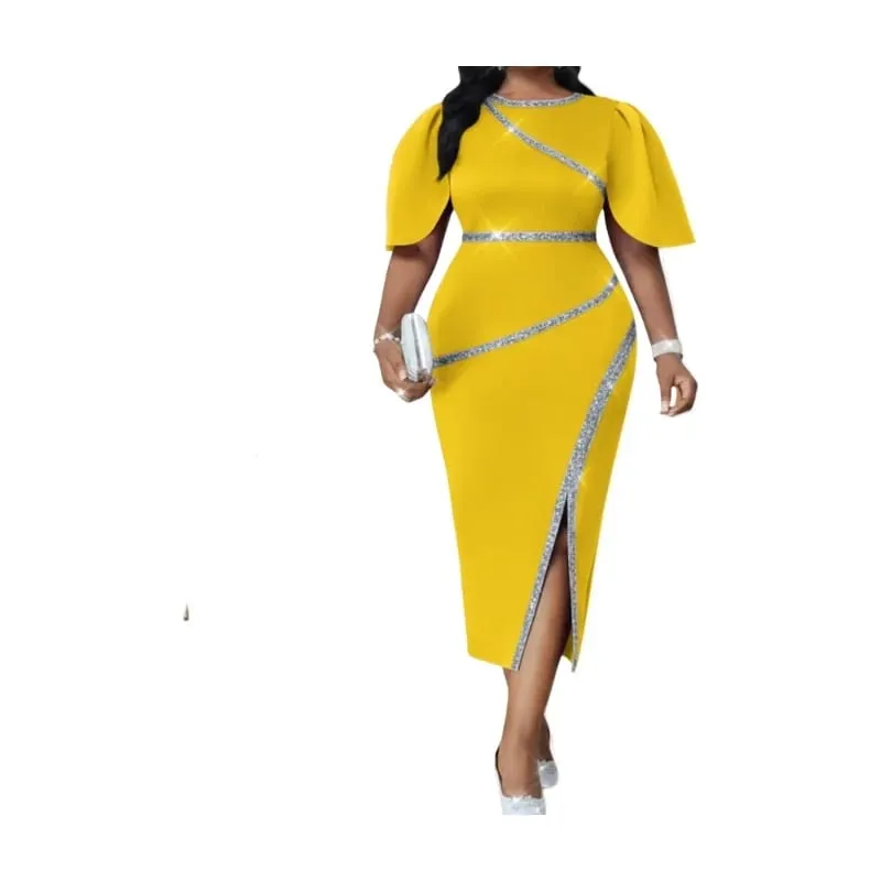 Feminino decote redondo manga esvoaçante decoração diagonal split midi bodycon vestido tamanho grande para jantar formal casamento convidado festa de noite moda ocasiões