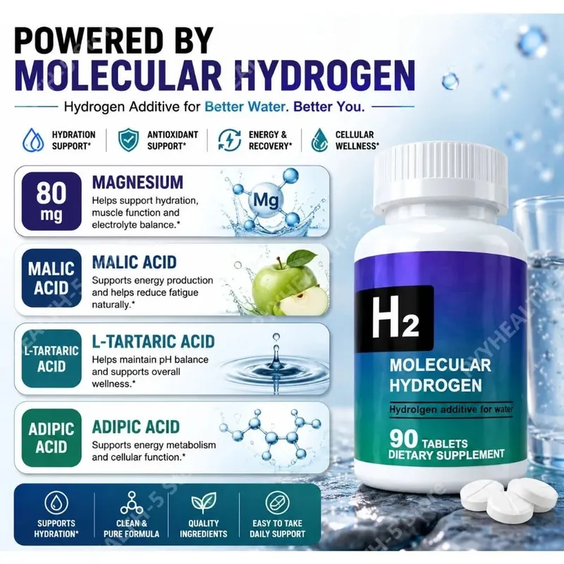 Comprimidos de água de hidrogênio, aditivo de água molecular de hidrogênio H2 de 90 contagens com magnésio para suporte diário de hidratação
