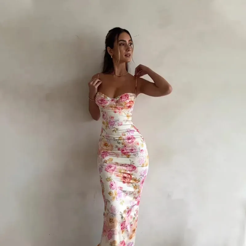 Novo floral suspender split magro sem mangas patry praia estilo espaguete cinta vestido roupas femininas mini vestido 2024 verão