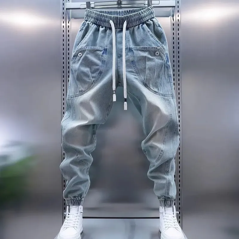 Street Elastic Jeans Men Denim Cargo Pants Wash Solid Color Multi Pockets Casual Mid Waist Trousers Daily Wear Joggers