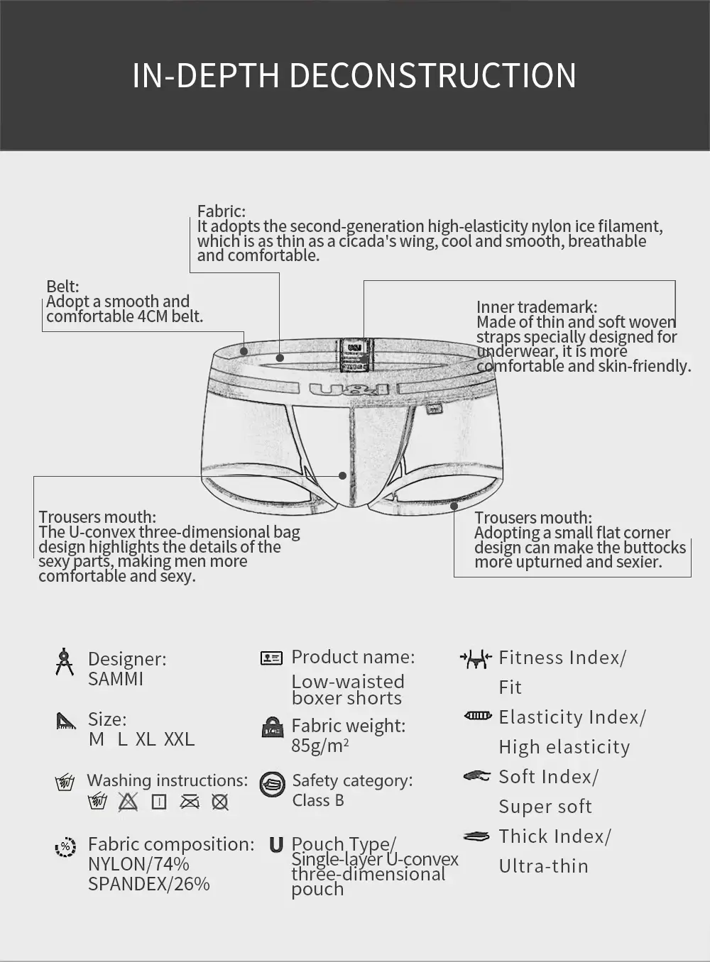 U&I men's underwear boxer low-waist nylon ultra-thin slightly transparent u convex design trendy personality summer boxer