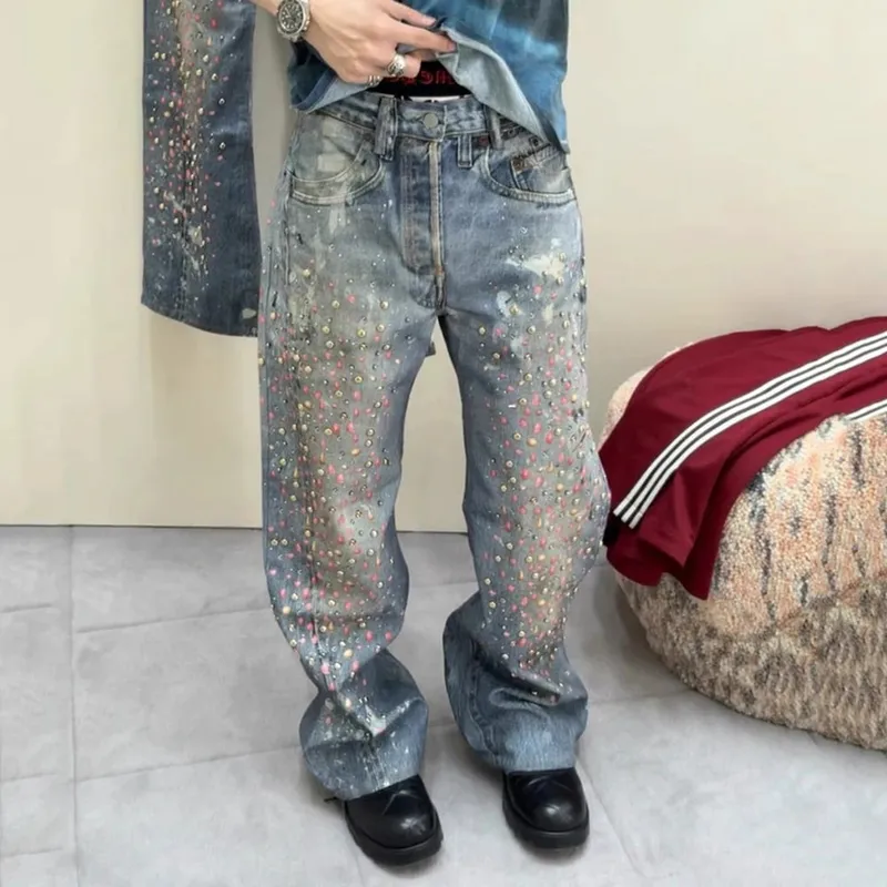 Calça jeans masculina com estampa 3d cheia de diamantes, reta, lavada, desgastada, brilhante, diamon, hip hop, solta, baggy