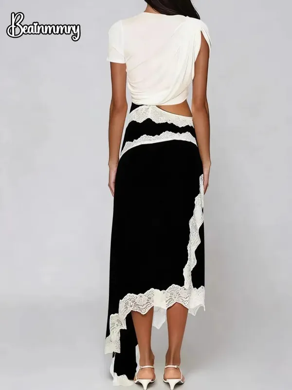 Lace Patchwork Cut Out Short-sleeve Twisted Tee Dress Color Block Gathered Lace Panel Maxi Dresses Women's Chic Daily Outfit