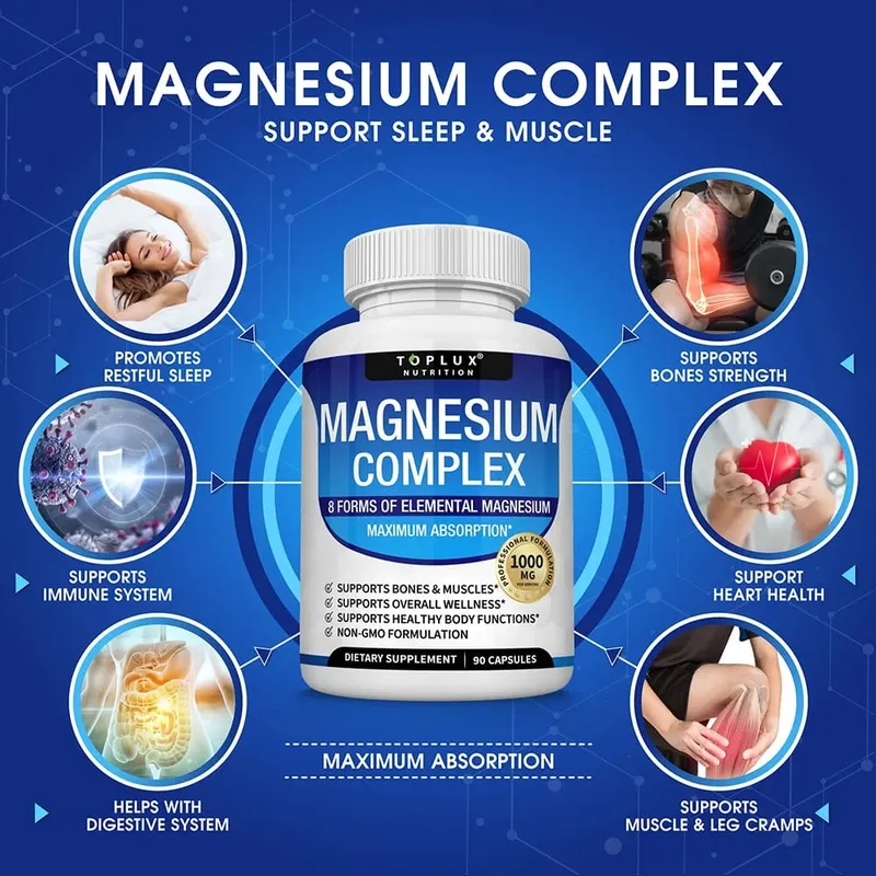 Suplemento de Complexo de Magnésio 1000MG - Citrato e Malato de Glicinato de Magnésio - Suporte ao Sono, Alívio do Estresse, Músculos e Relaxamento