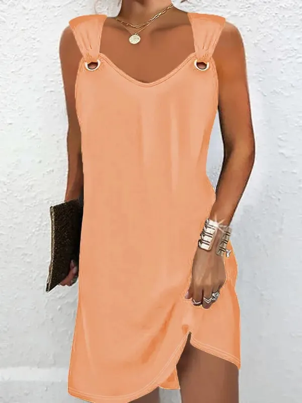 Mulheres verão vestidos casuais 2025 elegante estilo simples cor sólida botão de metal com decote em v sem mangas vestido feminino sexy midi vestidos