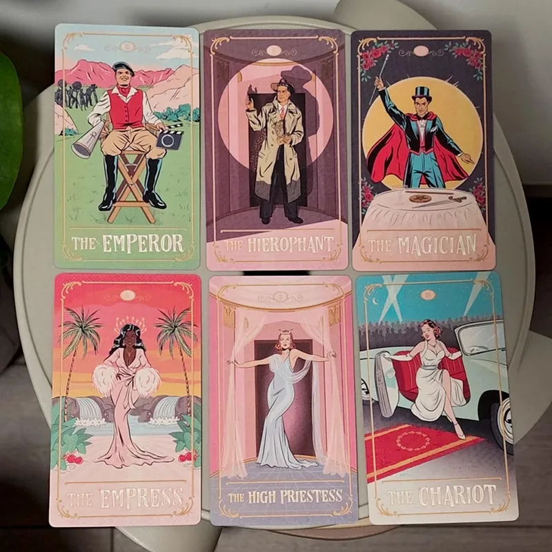 Tinseltown Tarot em caixa rígida rosa vintage inspirado em Hollywood baralho 78 cartas ilustradas 12 * 7 cm