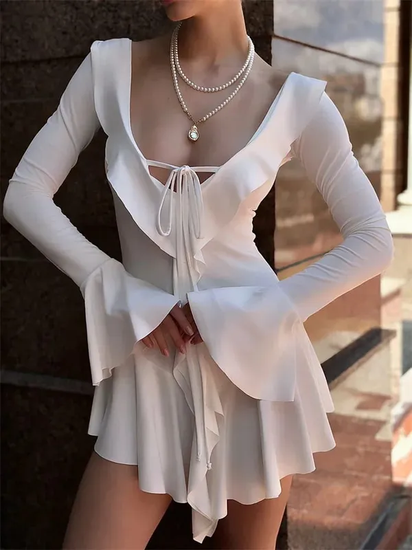 Tossy babados rendas-up branco mini vestido feminino com decote em v retalhos manga longa sexy vestido fino bandagem elegante vestido de verão feminino — image 5