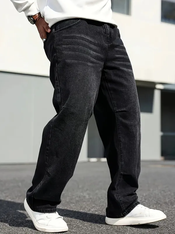 Men's Classic Straight-Leg Jeans - Cotton Blend Dark Blue Denim Non-Stretch All-Season Wear Comfort Fit with Slant Pockets