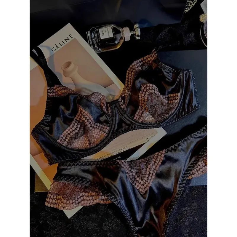 Conjunto de sutiã de cetim francês feminino verão fino minimizador sutiã uplift suporte lingerie conjunto para busto grande roupa interior elegante 32-38 ab