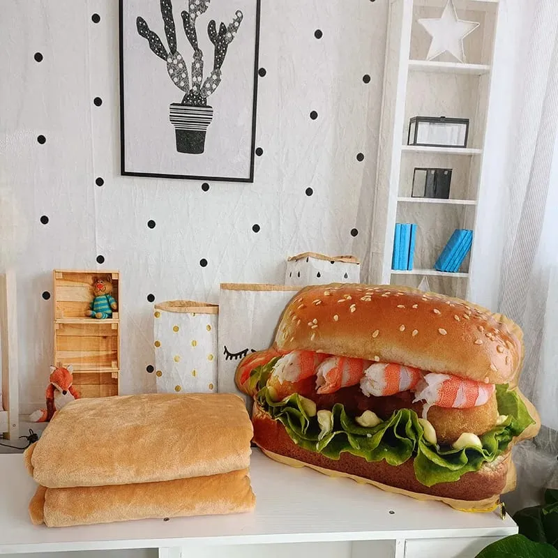 Lifelike Plush Hamburger Pillow Toy Simulation Stuffed Fast Food Hamburger Throw Pillow with Blanket 2 In 1 Cushion
