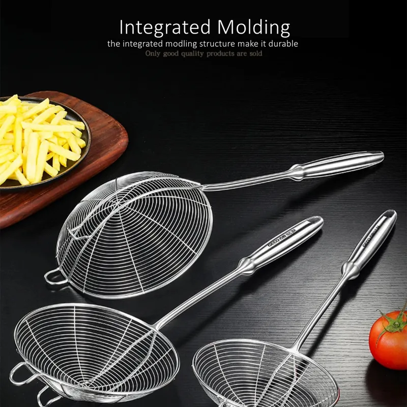 Certificação LFGB 304 Coador de Cozinha em Aço Inoxidável Ultra Durável Peneira de Fio 14 ~ 18cm de Diâmetro Fritura Scooping Tool