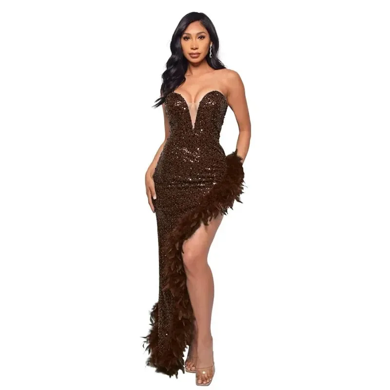 yaya feminino lantejoulas sem alças pena alta lateral divisão sem alças bodycon midi maxi vestido sexy clube até vestidos de festa