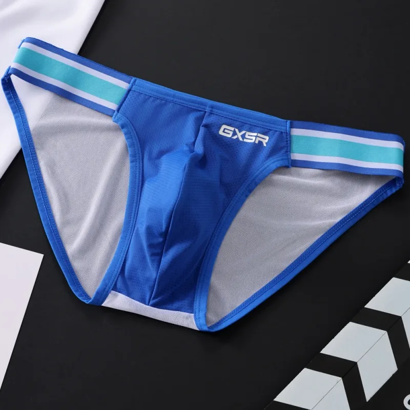 Novo gxsr emenda cintura lateral garfo alto cuecas masculinas com rosca de seda gelo moda cintura baixa esportes hip lift cuecas masculinas