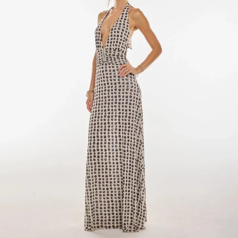 Combhasaki Mulheres Verão Sem Mangas Tie-up Halter Decote Em V Profundo Backless Flor/Pontos Estampado Plissado Hem Malha Ruched Vestido Longo Linha A