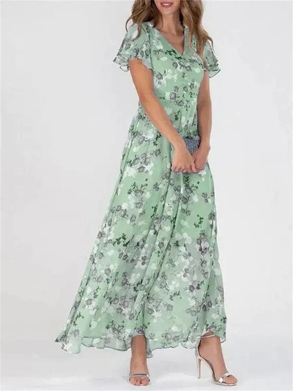 Women Elegant Ruffle Short Sleeve V Neck Pullover Dresses Sweet Style Small Flower Print High Waist Dress Female New Casual Gown