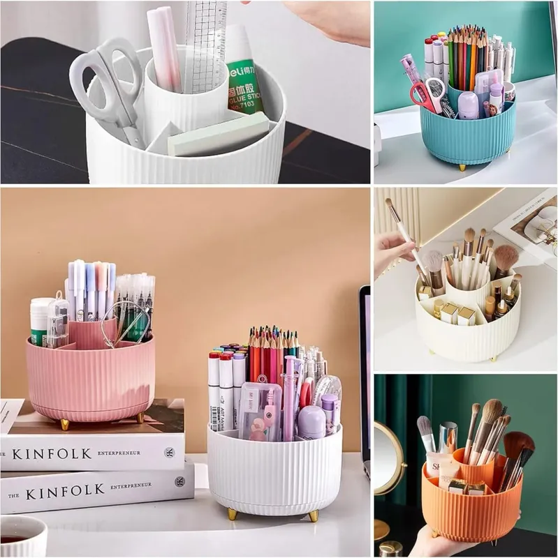 Caixa de armazenamento de ferramentas de maquiagem rotativa 360 °, organizador de mesa, suporte de pincéis cosméticos, batom, sobrancelha, lápis, recipiente de jóias