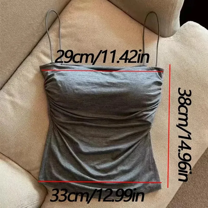 1 pc elegante cintura plissada espartilho-suporte macio fixo almofada no peito sem mangas colete sexy curto topo com alças finas cor sólida