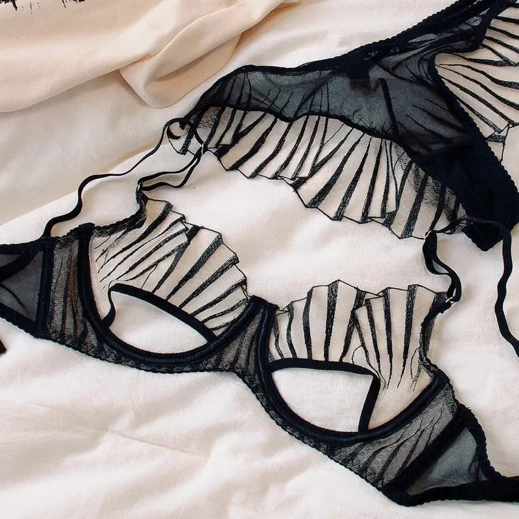 Conjuntos breves femininos de 2 peças, copo de peito preto, lingerie bordada, roupa íntima, malha preta, sutiã minimizador sem forro quente