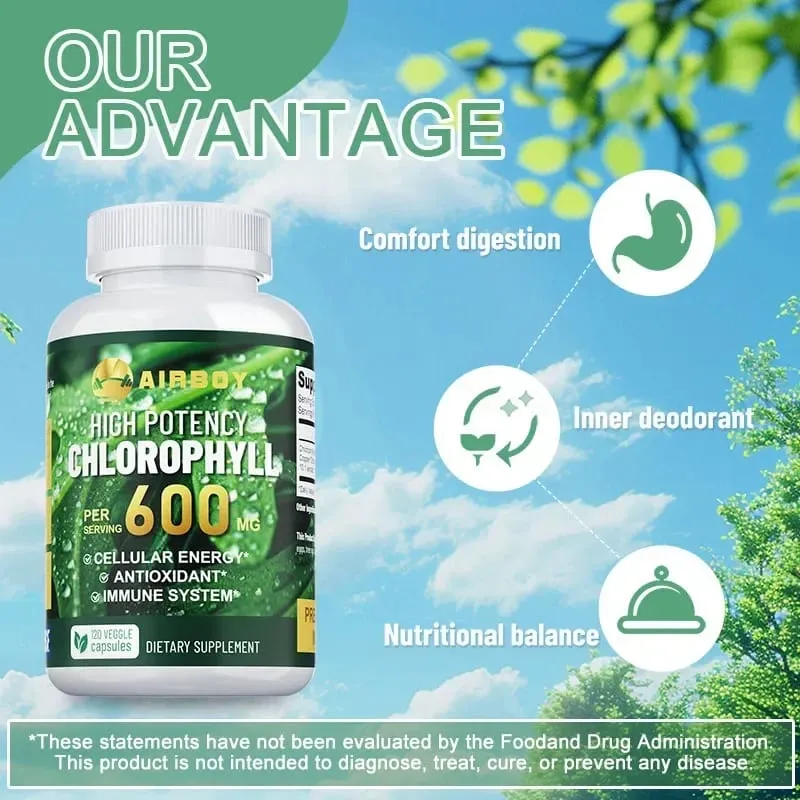 Chlorophyll Supplement 600mg - Supports The Immune System Reduces Body Odor and Bad Breath Boosts Energy Antioxidant