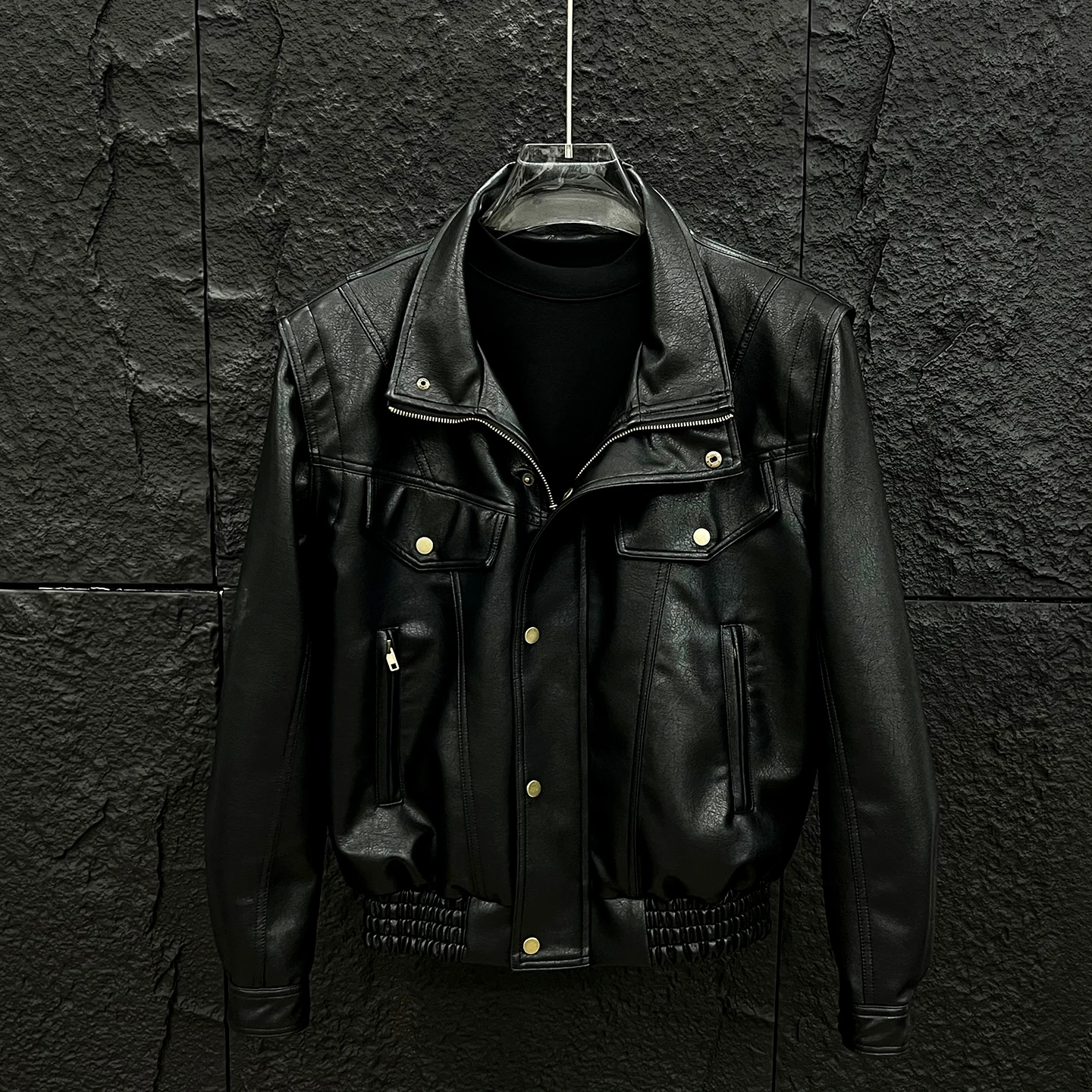 Techwear Style Detachable Faux Fur Collar Leather Jackets Man Winter Warmer Motorcycle Vintage Punk Leather Coat