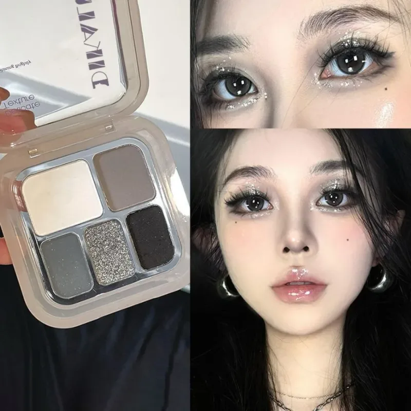 5 Colors Metallic Cement Gray Eyeshadow Palette Glitter Pearlescent Punk Smoky Eye Highlighter Matte White Face Brightening