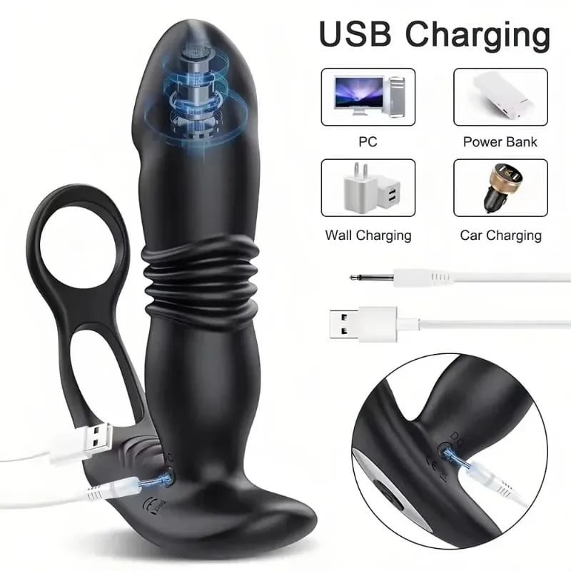 Thrusting Anal Dildo Vibrator Male Prostate Massager Vibrating Anal Plug with Cock Ring Adult Anal Sex Toys for Gay Men Couple