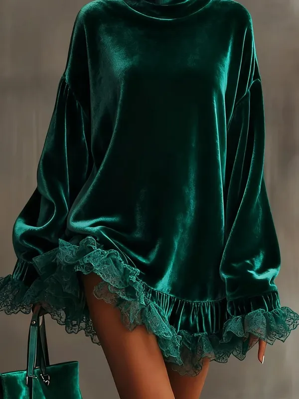 Luxury Turtleneck Solid Velvet Evening Dress Women Sexy Patchwork Lace Long Sleeve Ruffle Autumn Loose Banquet Party Dress