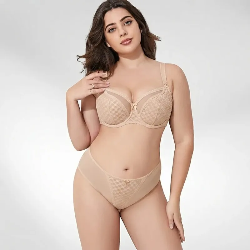 Mulheres curvilíneas plus size polka dot malha sutiã de renda conjunto calcinha underwire suporte figura completa copo grande e f g h i lingerie respirável 2 peças — image 2