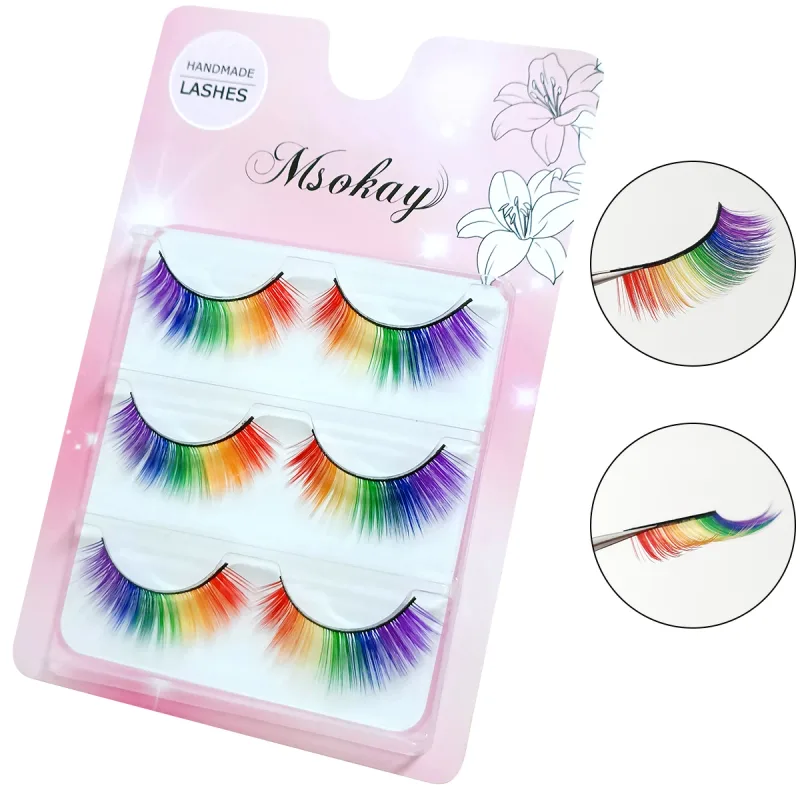 3 Pairs 3D Fluffy Colorful Eyelashes False Eye Lashes Rainbow Colors Cilia for Dolls Makeup Fake Lashes Long Eyelash Extension