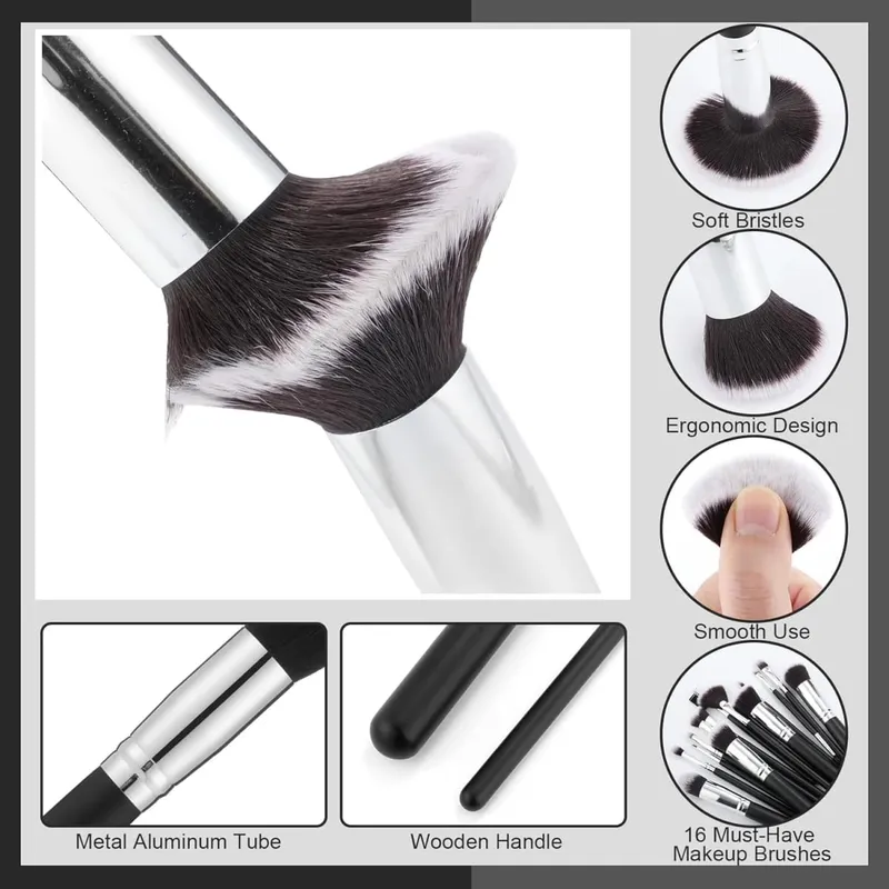 Conjunto de pincéis de maquiagem profissional, 16 peças, sombra, contorno, base, destaque, pó, mistura, esponja de maquiagem, pó