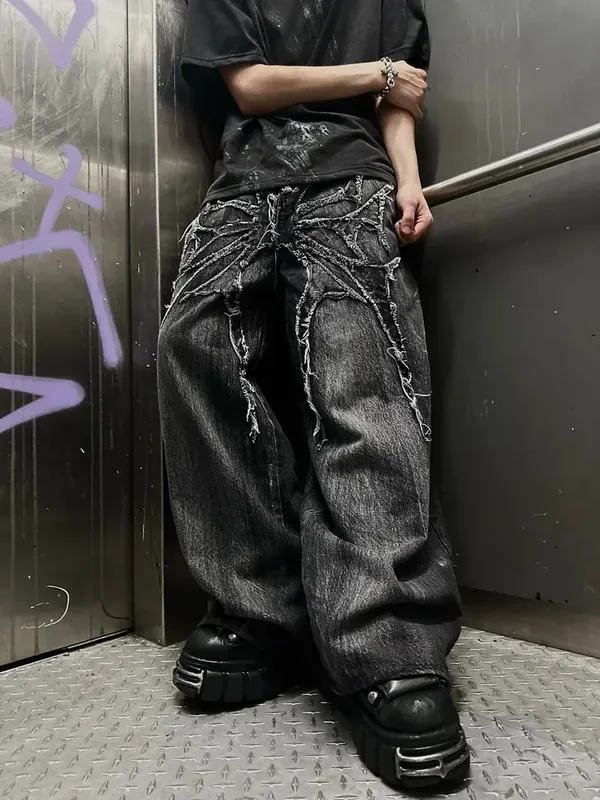 Vintage y2k calças de brim baggy emenda bordado padrão jeans de alta qualidade hip hop gótico streetwear masculino feminino casual calças de perna larga