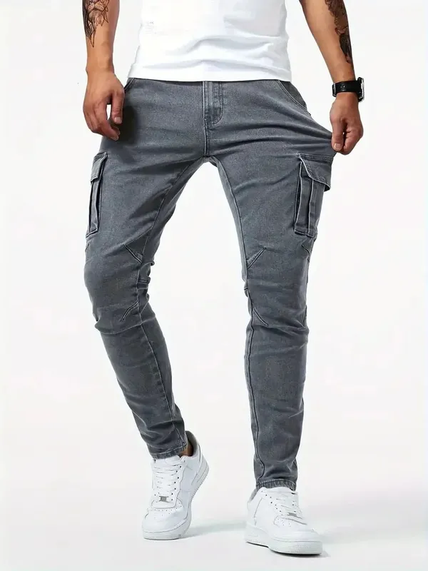Calça jeans masculina stretch de rua, lavada, cor sólida, multi bolsos, calça de trabalho, casual, slim fit, uso diário, calça de corrida, mid wa