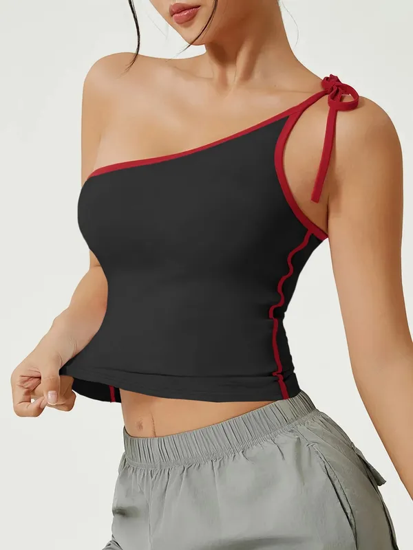 Regata assimétrica de um ombro com alça, regata feminina com contraste vermelho, corte slim, cami verão y2k, colete sem mangas — image 3