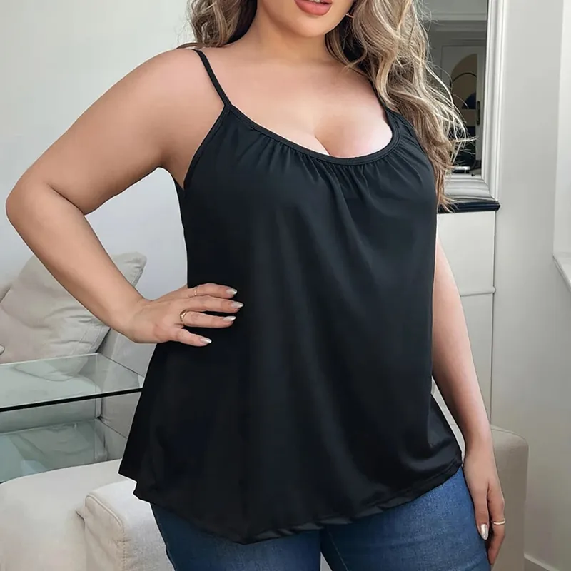 Camisola acolchoada plus size para mulheres, alça espaguete ajustável, com sutiã embutido, básica, verão, sem mangas