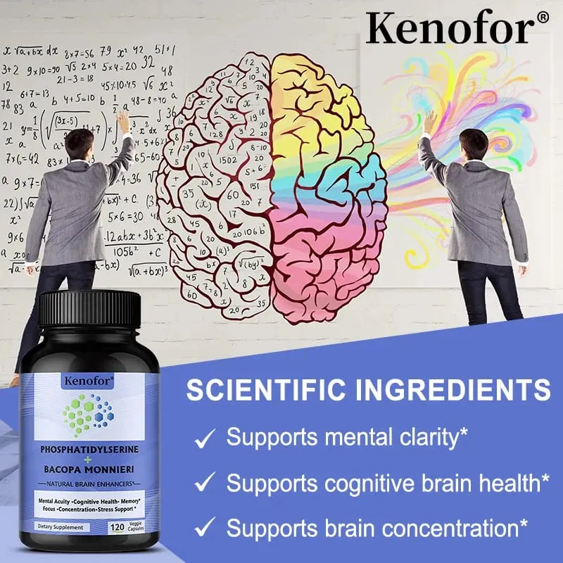 Suplemento de Fosfatidilserina + Bacopa Monnieri - Ajuda a Saúde Cognitiva da Memória a Aliviar o Estresse - Suplemento Nutricional para o Cérebro