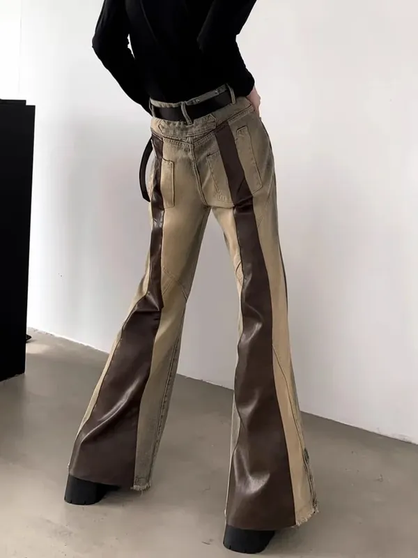 Trashy y2k 2000s couro do plutônio retalhos magro alargamento calças de brim para homens 90s roupas vintage colorblock calças jeans moda hombre