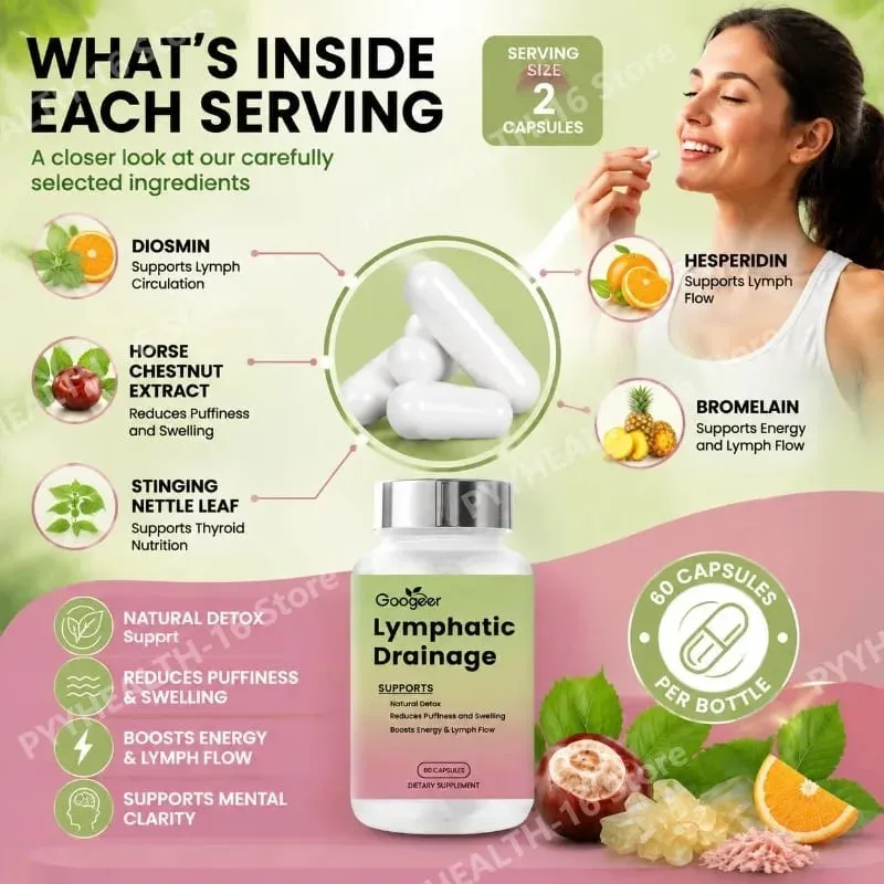Googeer Lymphatic Support Capsules with Diosmin Hesperidin Horse Chestnut Bromelain Butcher's Broom Daily Wellness 60 Capsules