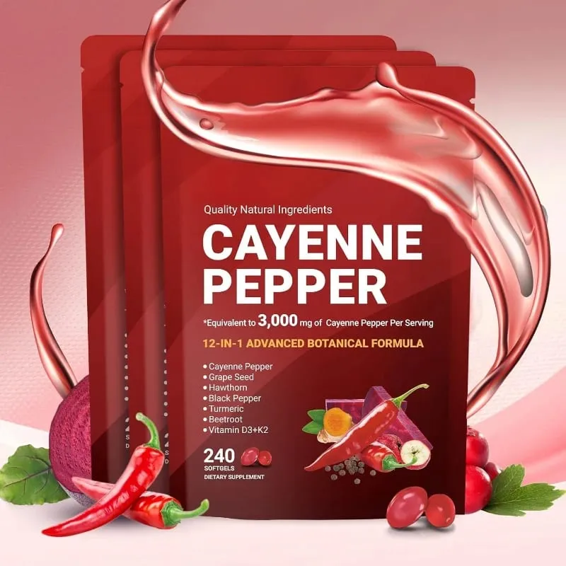 Suplemento de cápsulas de pimenta caiena com semente de uva, beterraba, cúrcuma, vitaminas D3 K2, suporte de ervas, veias das pernas, saúde dos vasos sanguíneos