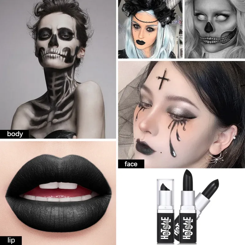 Batom preto fosco perolado textura dupla batom escuro halloween criativo cos maquiagem labial personalizada