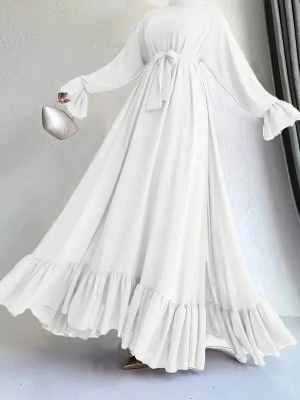 Elegant Solid Color Long Sleeve Dress Casual Loose Strap round Neck Flared Skirt Patchwork Pleated Gown for Women
