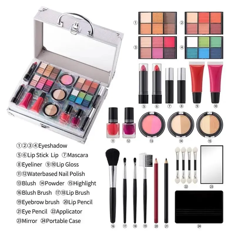 Tudo em um kit de maquiagem feminina kit completo maquiagem presente conjunto sombra lábio maquiagem rímel batom olho lápis aplicador blush em pó