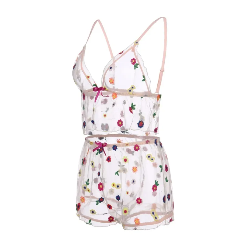 Sedutor fino sleepwear sexy conjunto de sutiã sem fio malha transparente tanga roupa interior flor bordado lingerie para senhoras